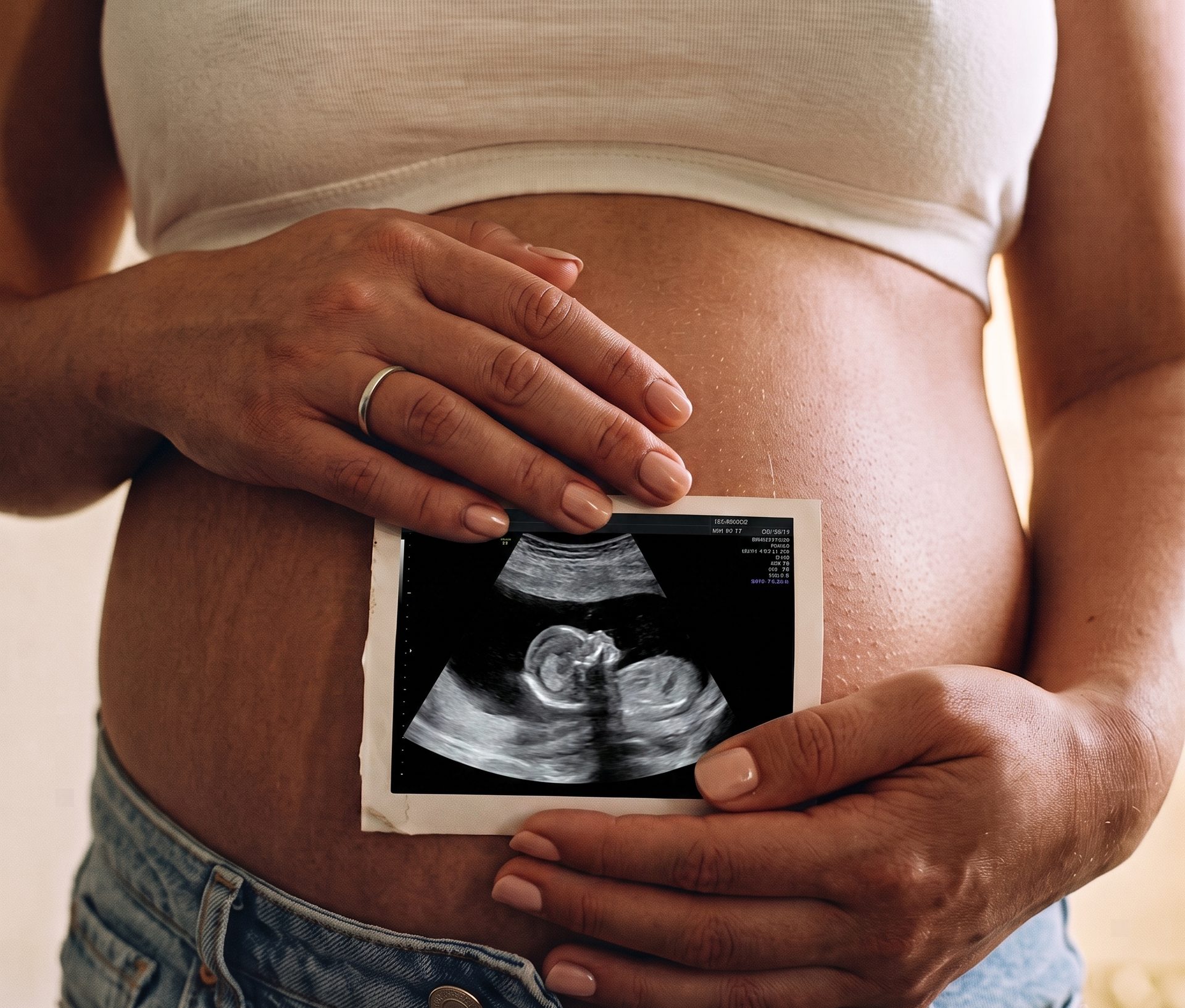 A pregnant woman holding an ultrasound print against her belly.